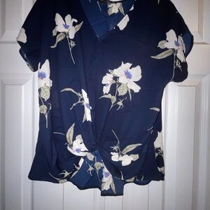 West Kei Blue Floral Wrap Blouse Short Sleeve